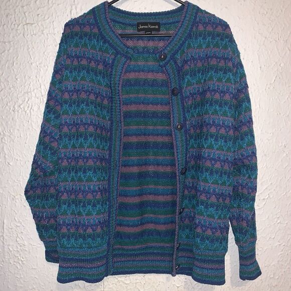 Vintage James Kenrob Grandma Cardigan Knit Sweater Spring Purple Blue Striped M - Picture 3 of 4